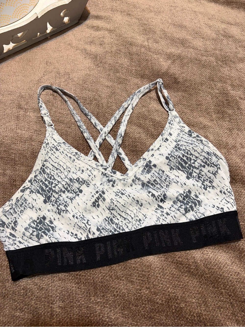 PINK Victoria's Secret Snake-Print Strappy Bralette - White & Gray, Size Small